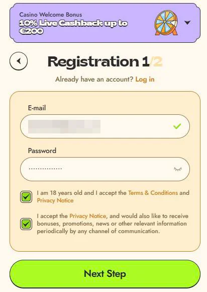 registrační formulář vinylcasino 1 krok